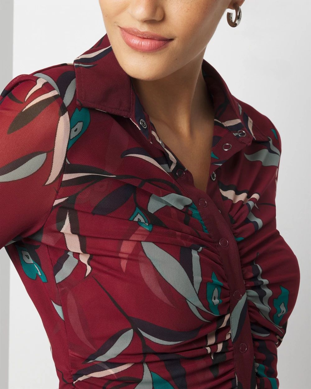 Mesh Ruched Long Sleeve Shirt | White House Black Market